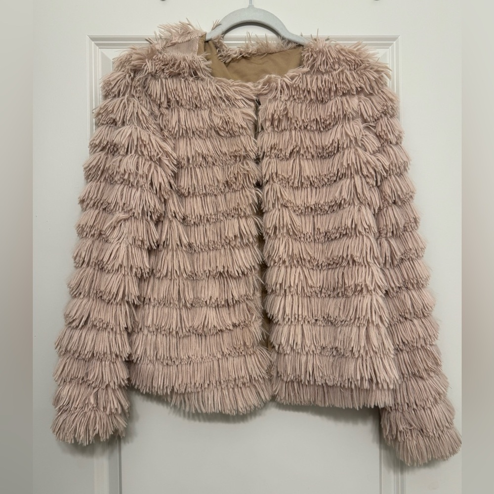 Cozy Tan Faux Fur Shaggy Cardigan Jacket Coat | Open Front | Size Small - Picture 3 of 10